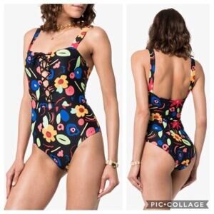 Onia Raquel black bright floral square neck lace up one piece swimsuit NEW XS